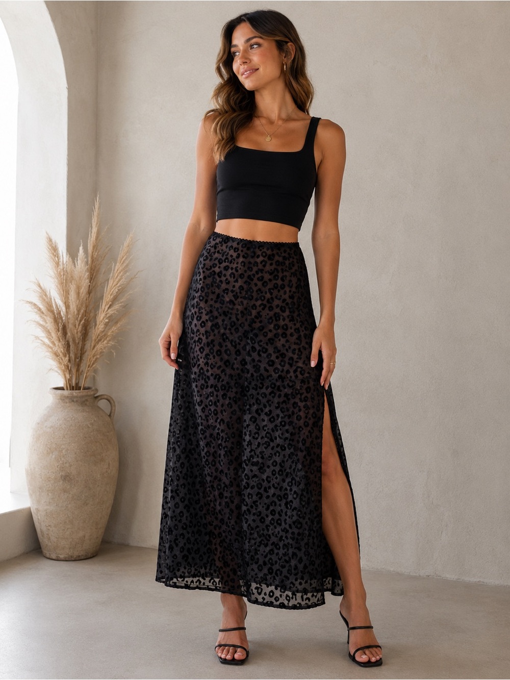 Discovery Black Leopard Print Side-Slit Maxi Skirt